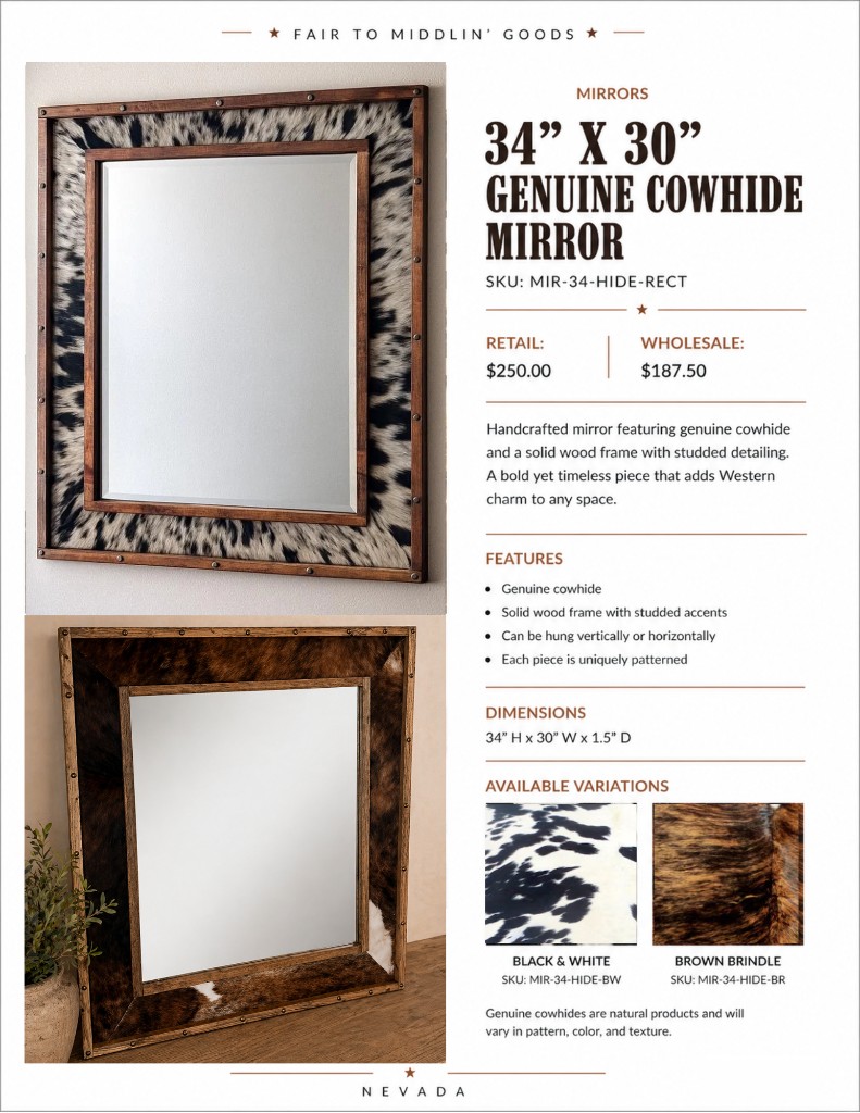 34" x 30" Genuine Cowhide Mirror